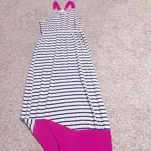 Long striped navy, tan maxi dress with hot pink straps. worn once.